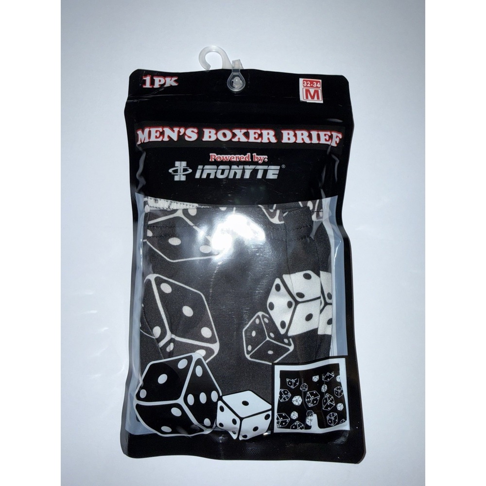 Ironyte Men Medium Boxer Brief Dice Print Black Stretch Soft Novelty Gift NWT